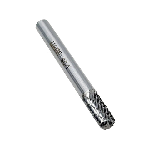 View of Pro Grade Solid Carbide Rotary Burr with 1/4 Inch Shank 5/8 Inch Cutting Length 1/4 Inch Cutting Diameter SC-1 Double Cut Cylindrical Ball Nose