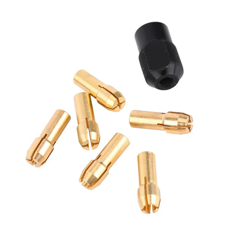 Six Piece Collet Chuck Sleeve Kit 1mm To 3.2mm Capacity With M8x0.75 Cap Fits Tools, brass sleeves and black cap displayed