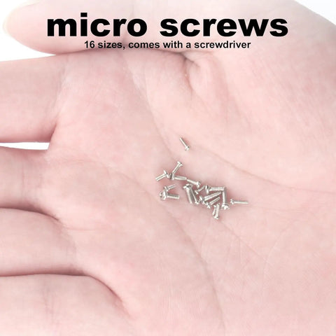 Hand holding micro screws from Electronics Micro Screws Kit With 800 Pieces Pro Grade Nickel Plated Carbon Steel Phillips Pan Head Self Tapping Machine Screws For Electronics Repair In Small Size Range M1 M1.2 M1.4 M1.6 M1.7.