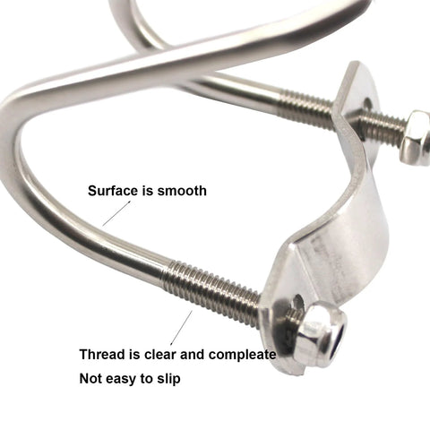 Close-up of a stainless steel U-shaped cross pipe clamp with threaded bolt and wing nut; 32x32 mm, 4-pack.