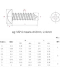 Diagram of M3 14mm 304 Stainless Steel Phillips Pan Head Self Tapping Wood Screws dimensions and specifications.