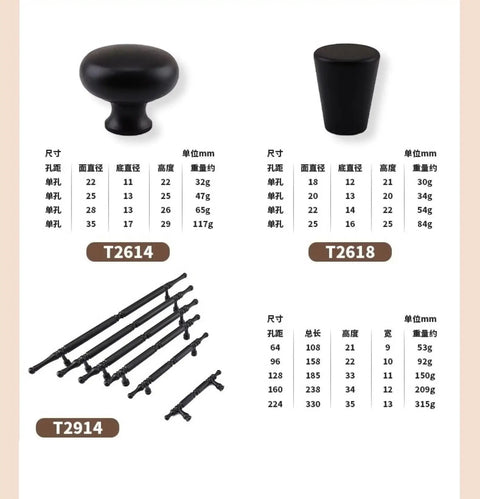 Black cabinet knobs and handles with size and weight specifications displayed on a chart.