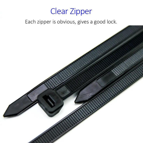 Close-up of black Heavy Duty Zip Ties 12 Inch Nylon Tie Wraps Ultra Strong 120 Lb Tensile Strength 100 Pack 0.3 Inch Wide.