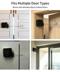 Heavy Duty Auto Door Closer With Zero Drill Install And Tuned Spring Tension For Patio Screen Closet And Main Entrance Doors Breeze To Put Up Delivers A Snug Quiet Close Every Time In Sleek Black mounted on wooden and metal doors.
