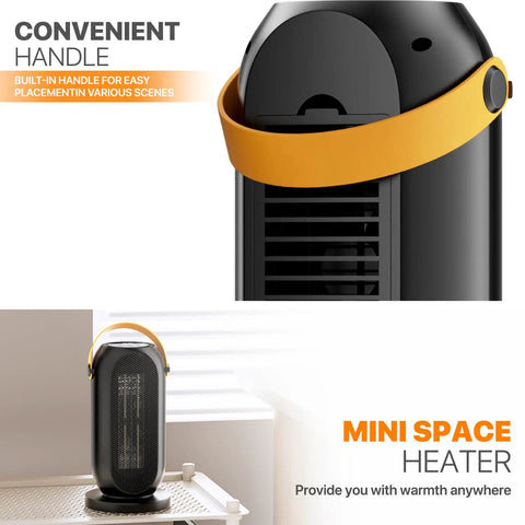 Portable Electric Heater For Indoor Use With Three Heat Modes And Thermostat, 12 Hour Timer, yellow handle, black body