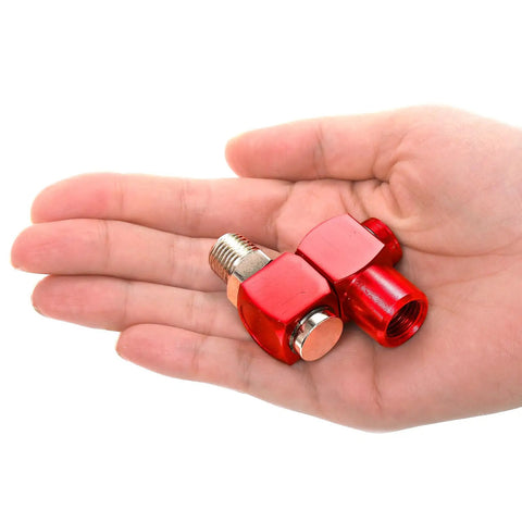 Four Pack 1/4 Inch MNPT Aluminum Air Hose Fittings With 360 Degree Swivel Plug And Play Quick Connect Pneumatic Tool Adapters For Air Tools Red Includes Thread Tape For Leak Prevention, hand-held close-up