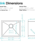Built To Last 16 Gauge Black Stainless Steel Undermount Kitchen Bar Sink 20 By 17 By 9 Inches dimensions diagram with R10 corners.