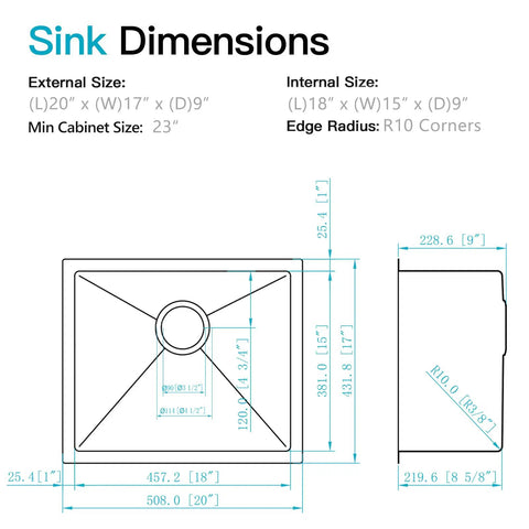 Built To Last 16 Gauge Black Stainless Steel Undermount Kitchen Bar Sink 20 By 17 By 9 Inches dimensions diagram with R10 corners.