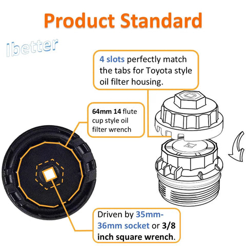 Heavy Duty 64Mm Oil Filter Wrench Socket Tool For Toyota Lexus Rav4 Camry Tundra Highlander Sienna Cruiser Venza 2.5 5.7L Engines showing 64mm 14 flute cup design with slots for oil filter housing.