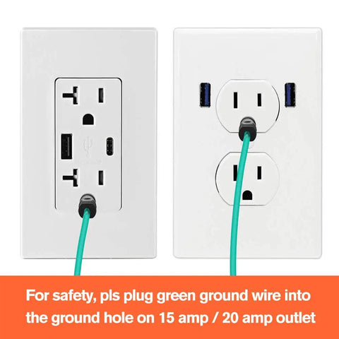Outlet with green ground wire for 4 Prong To 3 Prong Dryer Adapter 30 Amp NEMA 10-30P To 14-30R Converter; plug safety guide displayed.