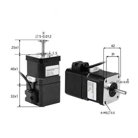 Two NEMA 23 42HS40-YC-PD 2-phase stepper motors with four leads, front and side views for CNC/3D printer use