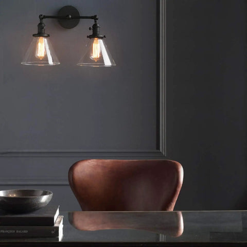 Industrial Black Wall Sconce Lighting Set Two Light Vanity Fixtures over modern chair in dark room