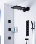 Solid Black Thermostatic Shower Mixer Set Rain And Waterfall Head Embedded Faucet Featuring Heavy Brass Body Jets Built Different For Real Deal High Pressure Flow with large rain head.