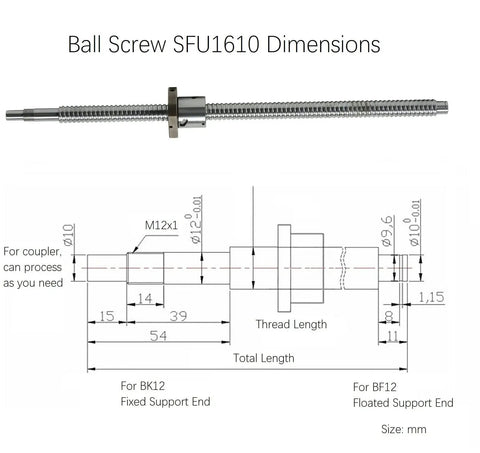 Diagram and dimensions of 16mm 1610 CNC Ball Screw With Anti Backlash Nut For Linear Motion 1500mm 59.06 Inch Shaft.