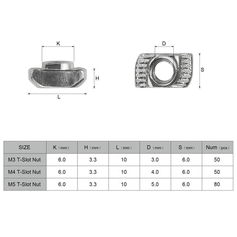 Sizing chart of Hammer Head T Slot Nut Kit For Aluminum Profiles, 180 Piece 2020 Series M3 M4 M5, carbon steel rust proof fasteners