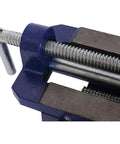Close-up of Cross Slide Drill Press Vise With Two Way X Y Precision Control Heavy Duty Cast Iron Milling Clamp in blue steel