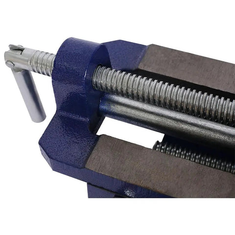 Close-up of Cross Slide Drill Press Vise With Two Way X Y Precision Control Heavy Duty Cast Iron Milling Clamp in blue steel