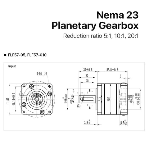 NEMA 23 Stepper Motor Planetary Gearbox With 8mm Input Shaft And 10:1 Reduction Ratio technical drawing dimensions and features