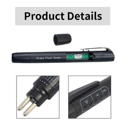 Pen Style Brake Fluid Tester With Five LED Indicators For Quick DOT 3 DOT 4 DOT 5.1 Fluid Check, black tool with cap
