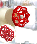 Red Two Piece Cast Iron Handwheel Kit For RV Waste Valves And Water Faucets Replacement Wheel Handles installed on pipe