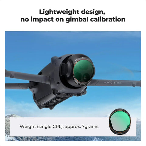Upgrade Circular Polarizer CPL Filter For DJI Mavic 4 Pro Drone Lens installed, showing lightweight design and easy locking.