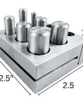 7 Piece Circular Disc Cutter Set With Wooden Storage Box Square Design Includes Round Punches One Quarter Inch Through Five Eighth Inch Heavy Duty Hardened Steel Cuts Up To Eighteen Gauge Rock Solid For Metalworking, showing stacked disc cutter and punches.