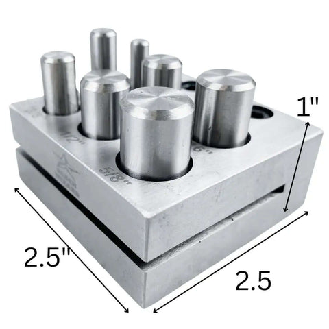 7 Piece Circular Disc Cutter Set With Wooden Storage Box Square Design Includes Round Punches One Quarter Inch Through Five Eighth Inch Heavy Duty Hardened Steel Cuts Up To Eighteen Gauge Rock Solid For Metalworking, showing stacked disc cutter and punches.