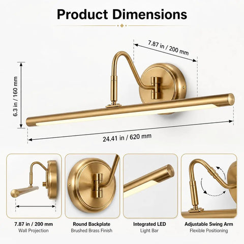 Brass Finish 24.4 Inch Hard Wired Led Picture Light With Swing Arm Wall Mount For Paintings Slim 14W Warm White 3000K Display Sconce 90 Degree Swivel Elegant Wall Lighting For Hallways And Galleries