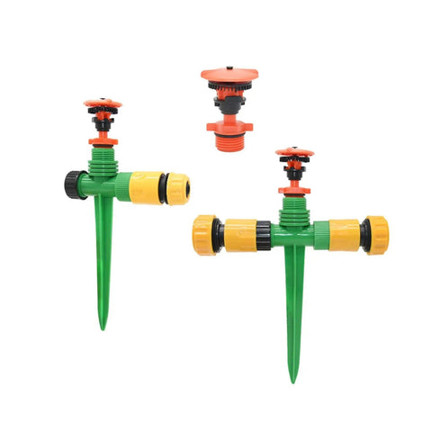 360 Degree Rotating Killer Sprinkler Set For Lawn And Garden Irrigation with heavy-duty stakes and adjustable spray heads.