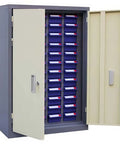 Upgrade Your Stash Game With This Heavy Duty Multi Drawer Cabinet For Small Parts Hardware And Tools, Includes Printed Label Stickers, Compact Storage Bin System Perfect For Garage Organization And Craft Projects - grey and cream cabinet with multiple blue drawers open