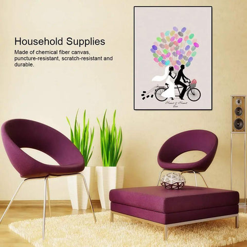 Legit Interactive Wedding Fingerprint Canvas Guest Book Pairing Six Bright Inks With A Cool Couples Bike Design in living room setting.