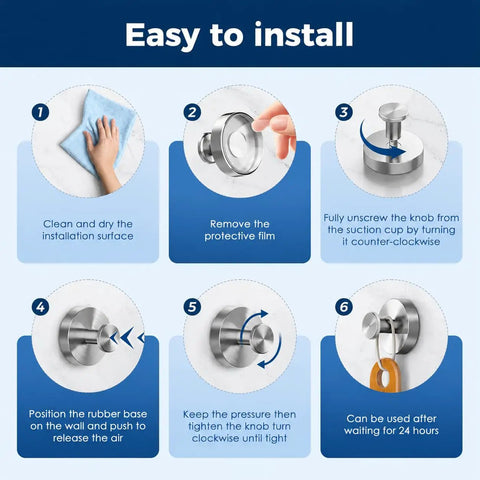 Step-by-step instructional image showing how to install Heavy Duty Stainless Steel Suction Cup Hook Locks for bathroom use.