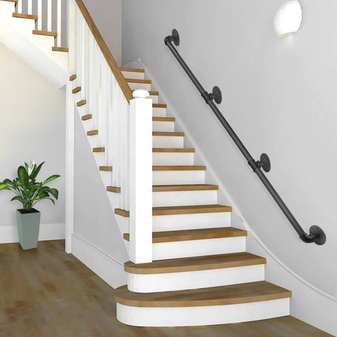 10Ft Matte Black Stair Handrails For Indoor Stairs With Wall Mount Support Made From Iron Pipe Railing Durable Rust Resistant Anti Slip Finish