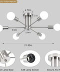 Diagram showing dimensions of Six Light Sputnik Ceiling Light Fixture In Brushed Nickel, Semi Flush Mount, Mid Century Modern Chandelier.