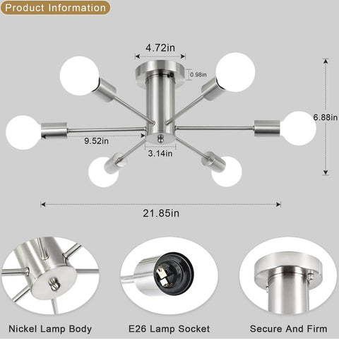 Diagram showing dimensions of Six Light Sputnik Ceiling Light Fixture In Brushed Nickel, Semi Flush Mount, Mid Century Modern Chandelier.