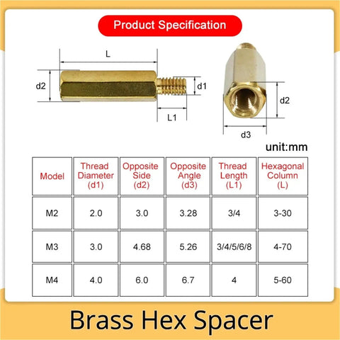 35 Piece Hex Brass Standoff Spacer Kit With Dual Threaded Ends For PCBs And Electronics Chassis Mounting Gear Up Your DIY Projects With Brass Standoffs And Spacers For Quick Easy Reliable Builds., brass hex spacer diagram with M2 M3 M4 size chart and measurements
