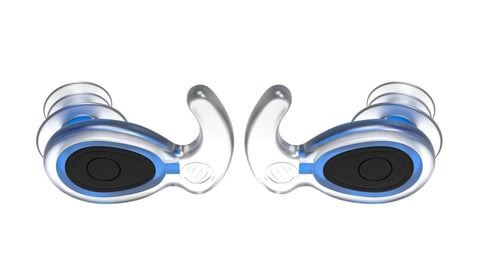 Close-up of waterproof ear plugs with clear ear wings, designed for swimming and watersports, emphasizing comfort and secure fit.