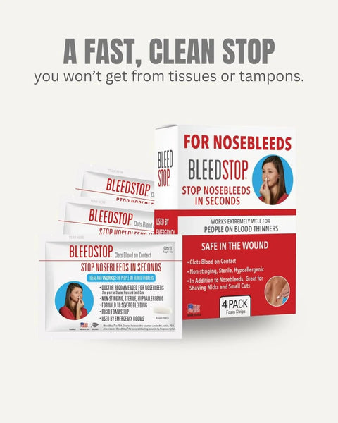 BleedStop Nosebleed Strips 4-pack foam inserts in white/red box; sterile, hypoallergenic, for nosebleeds.