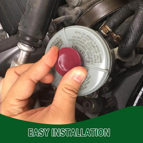 Person installing a red hydraulic power steering reservoir cap on a Honda engine, showing 36x34x23.5mm size, durable ABS material.