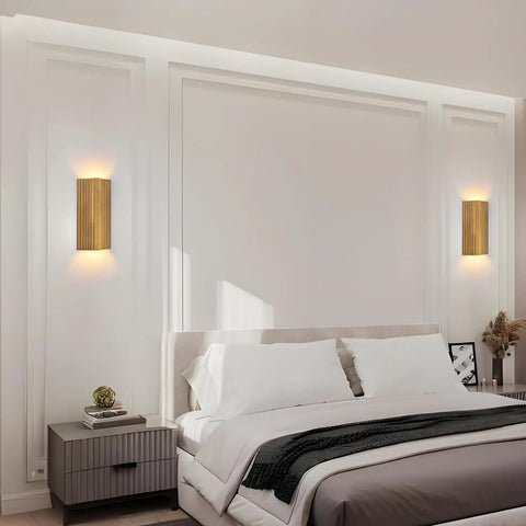 ZEROUNO Modern LED Wall Sconce Indoor Wall Lights Set of 2, Bronze Hardwired mounted beside a bed in a cozy bedroom.