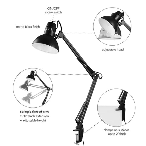 31.5 Inch Multi Joint Desk Lamp With Metal Clamp Black On Off Rotary Switch On Shade Adjustable Swing Arm Reading Light Industrial Style