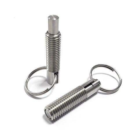 Real Slick Stainless Steel Locating Pin With Hand Retractable Spring Indexing Plunger M6 Lock Ring on display angle with keyring.