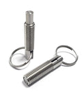 Straight Shooter Stainless Steel Locating Pin Featuring Spring Loaded Indexing Plunger And Retractable Lever For Quick Swaps In Garage Or Woodshop M6 Precise Dowel, showing two stainless steel pins with keyrings.