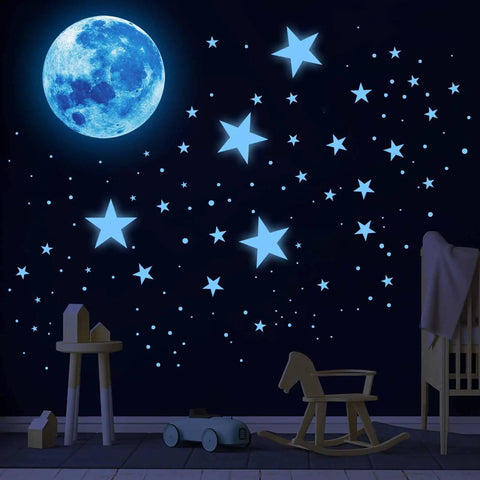Ceiling Stars And Moon Glow In The Dark Wall Decals for Kids' cozy nursery with sky blue moon and glowing stars for night sky look