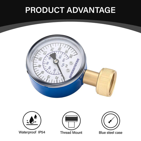 Blue Steel 2-1/2 Inch Water Pressure Gauge 0-200 PSI With 3/4 Inch Hose Thread shown with brass fittings and blue steel case.