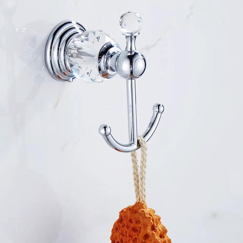 Crystal Chrome Bathroom Accessory Set For Your Modern Pad with polished silver coat hook mounted on wall