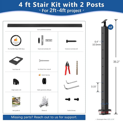 4 ft Stair Kit with 2 Posts, modular design, for 2ft-4ft projects, includes handrail and necessary hardware, Lock Down Your Deck With This Hella Solid Cable Railing Post Kit And Handrail Modular Single Side Tension Design Guarantees Quick Assembly For Porch Balcony Patio Jobs Including Every Needed Piece Of Hardware.