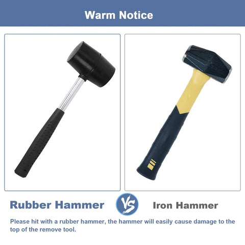 Comparison between rubber hammer and iron hammer for use with Heavy Duty Bike Headset Cup Remover Tool for 1-1/8, 1-1/4 and 1-1/2 inch bearings.