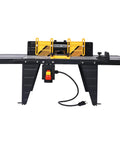 Heavy Duty Aluminum Benchtop Router Table With Expandable Work Surface And Sleek Adjustable Fence Rock Solid Woodworking Rig For No Fuss Diy Carpenter Setup Black with yellow clamps
