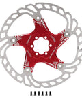 Top Tier 203mm Five Nail Disc Brake Rotor For Hydraulic And Mechanical Calipers Lightweight Trail Weapon With Killer Grip And Boss Quality In Rad Red Build close-up view of red stainless steel rotor with five bolts.